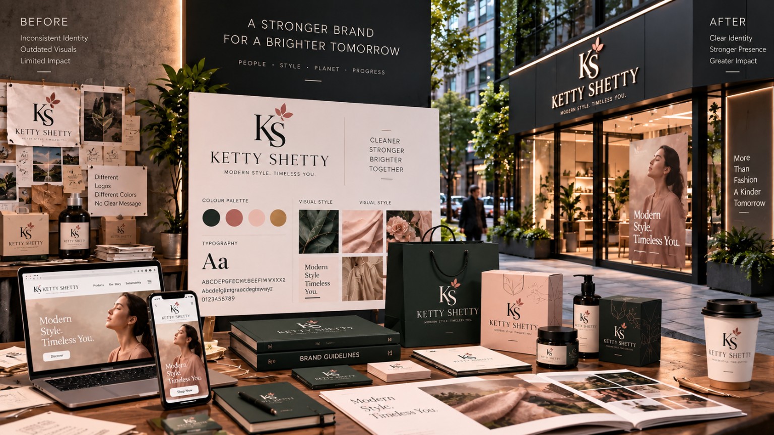 Complete brand identity system presented across digital, packaging and retail touchpoints