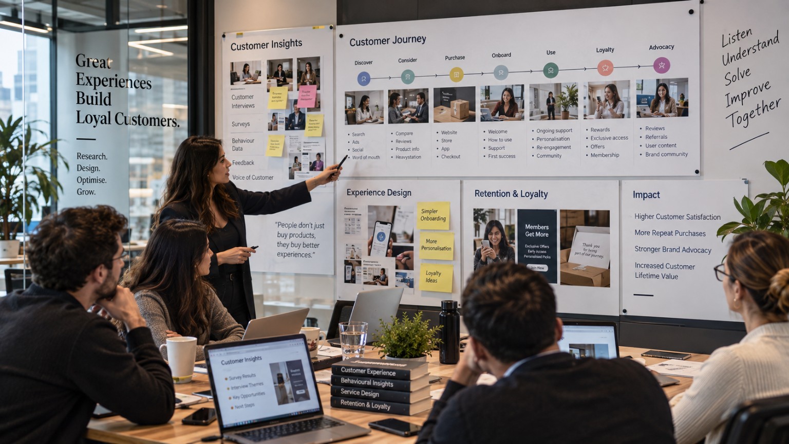 Customer experience team mapping the complete journey from discovery and onboarding to loyalty and advocacy
