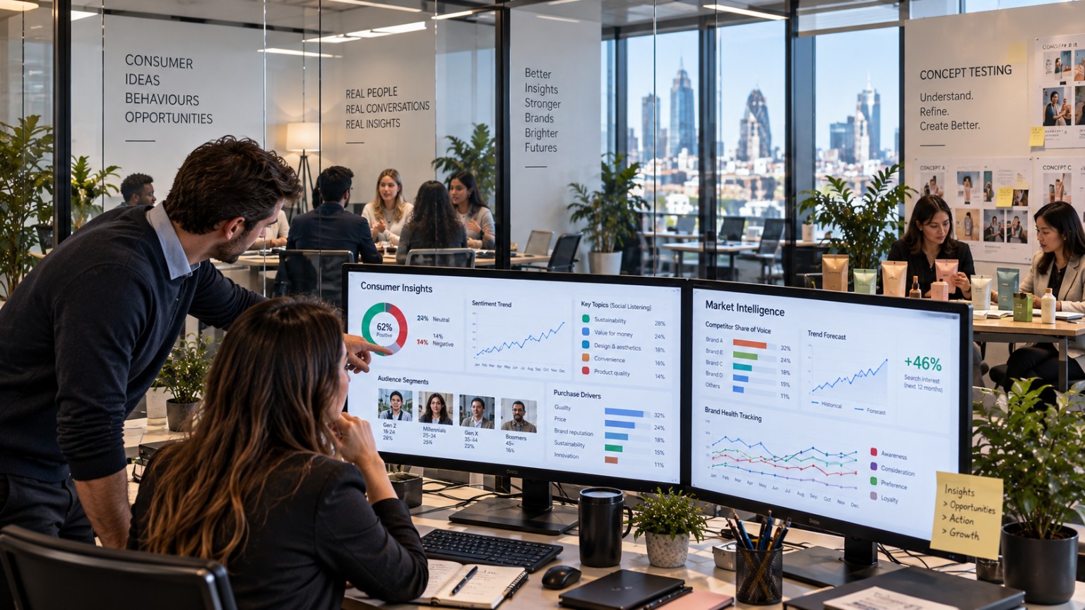 Marketing intelligence team analysing consumer insights, audience segments, market trends and brand performance