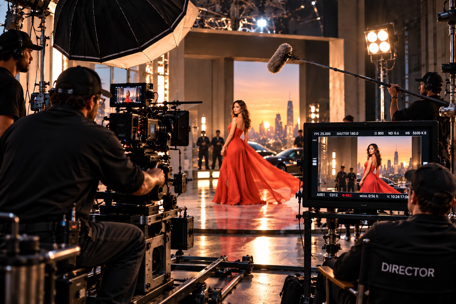 Professional film crew capturing a commercial production with camera, lighting, sound and live monitoring