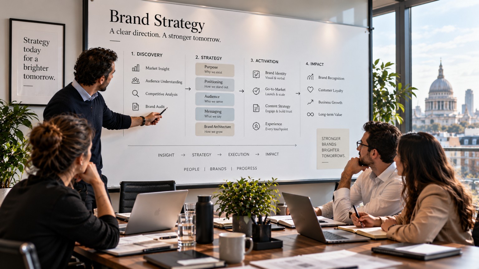 Strategy team reviewing a growth and brand plan in a London meeting room