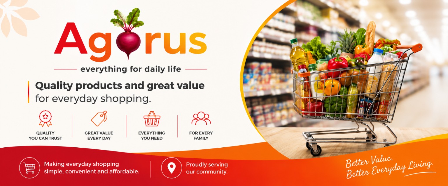 Agorus retail brand concept with grocery shopping and value messaging