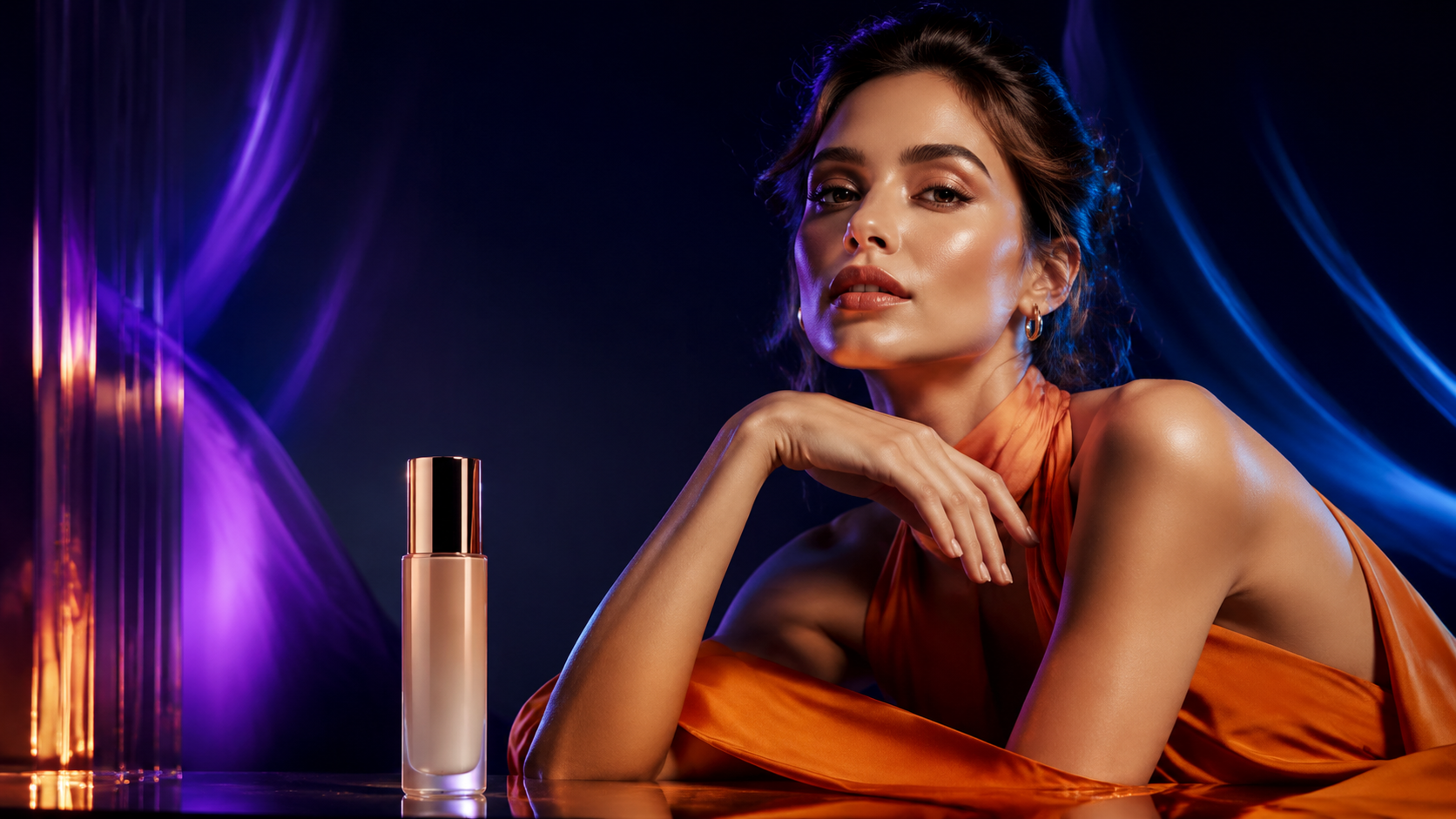 Luxury fashion and beauty concept visual with a model and cosmetic product